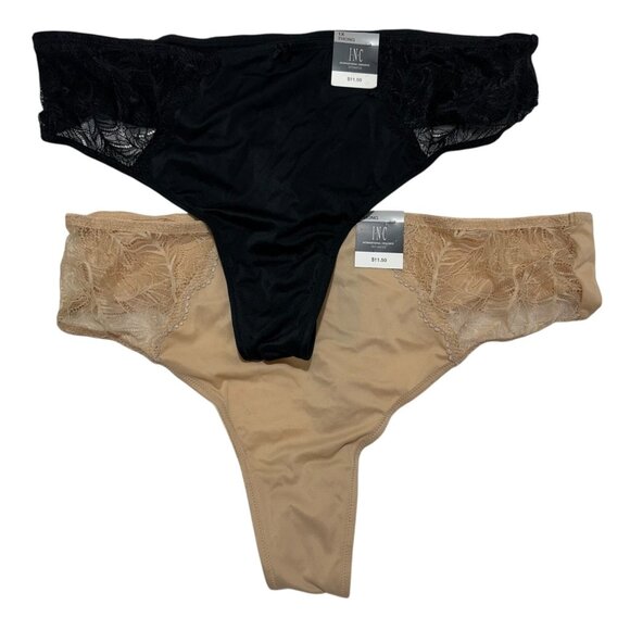 INC Int’l Concepts Plus Size 1X Black Frappe Lace-Trim Thong Panty (2) Pairs NWT - Picture 1 of 7
